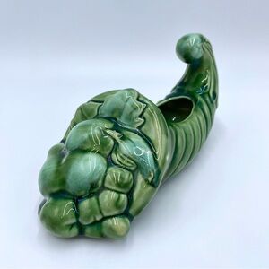 Vintage Mid Century Green Glazed Ceramic Harvest Fruit Cornucopia Planter Decor